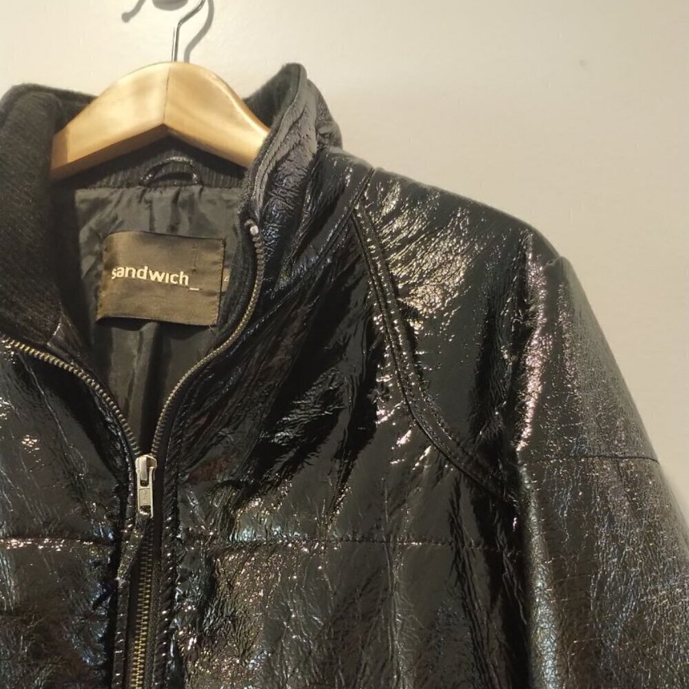 NWOT Sandwich Wet look Bomber Jacket Biker Moto Jacket vinyl look Mobwife Jacket - Picture 11 of 16
